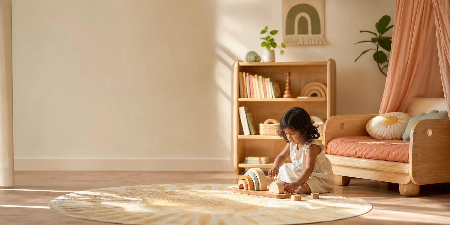 Child playing beside rounded solid-wood furniture in a warm bedroom