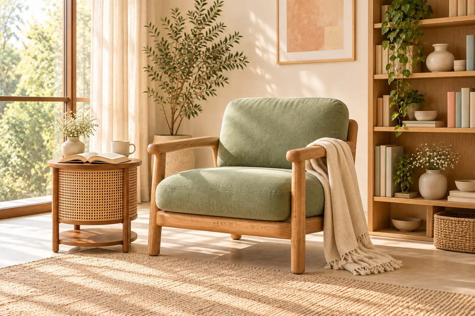 Reading nook with a sage cushioned armchair on a light oak frame, a round cane side table and a wooden bookshelf