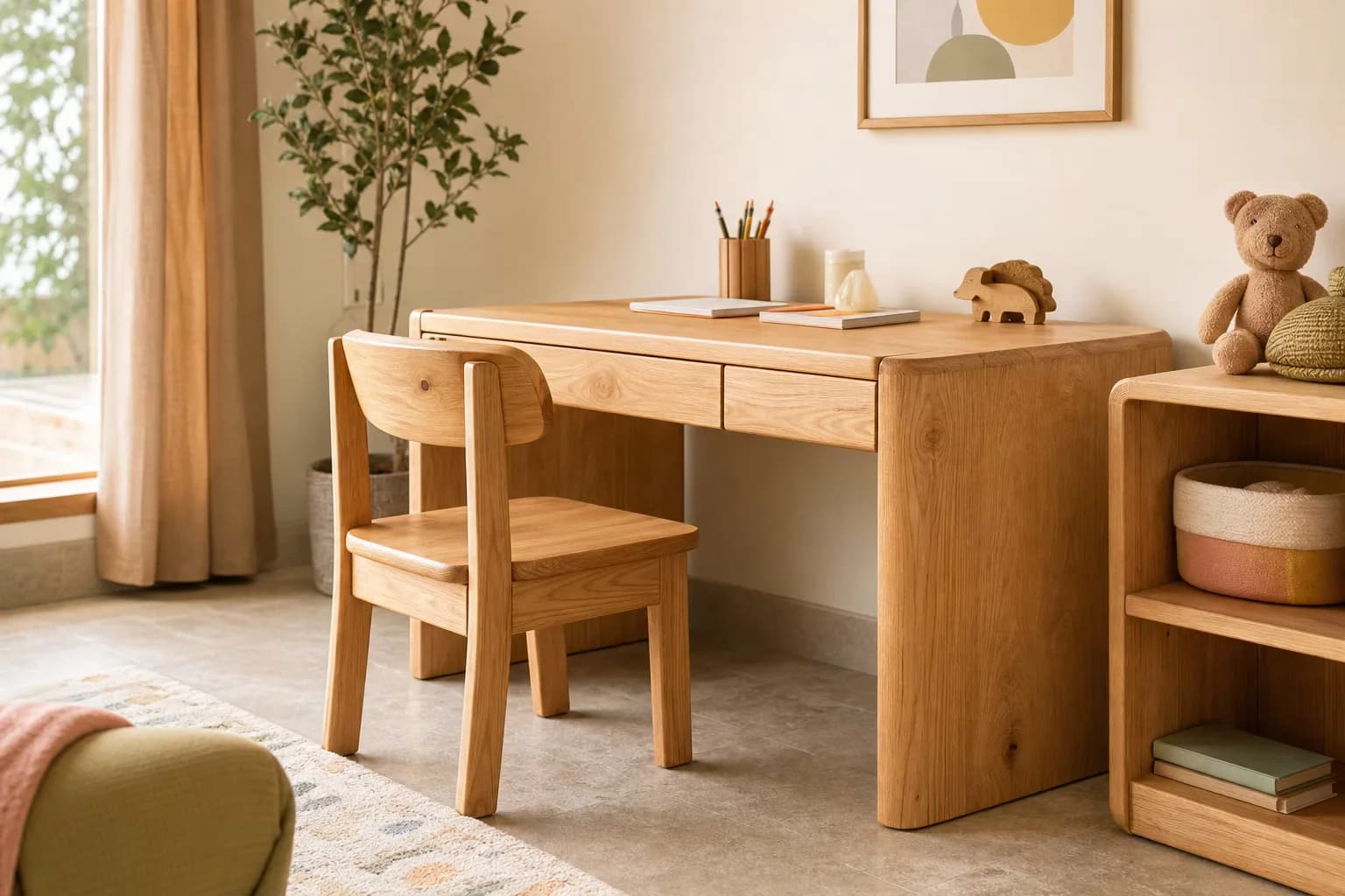 Rounded solid-wood desk and chair in a light-filled child’s study corner