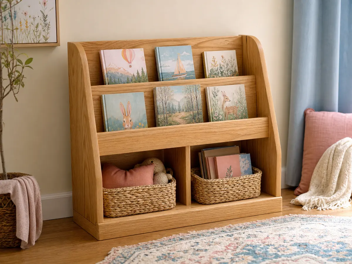 Photograph of the rounded light-wood Front Row low bookshelf with visible book covers and lower baskets