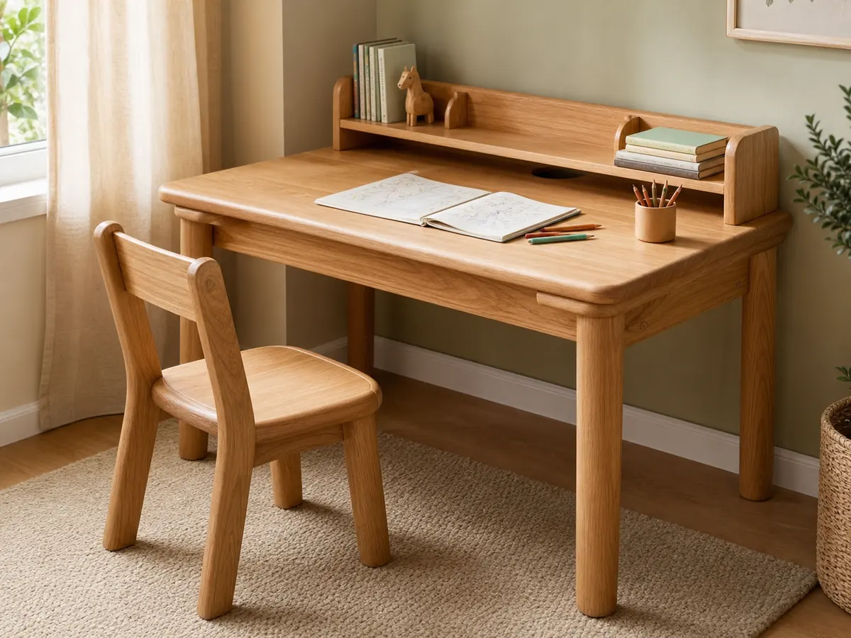 Photograph of the rounded light-wood Orbit children’s study desk and matching chair in a warm study corner