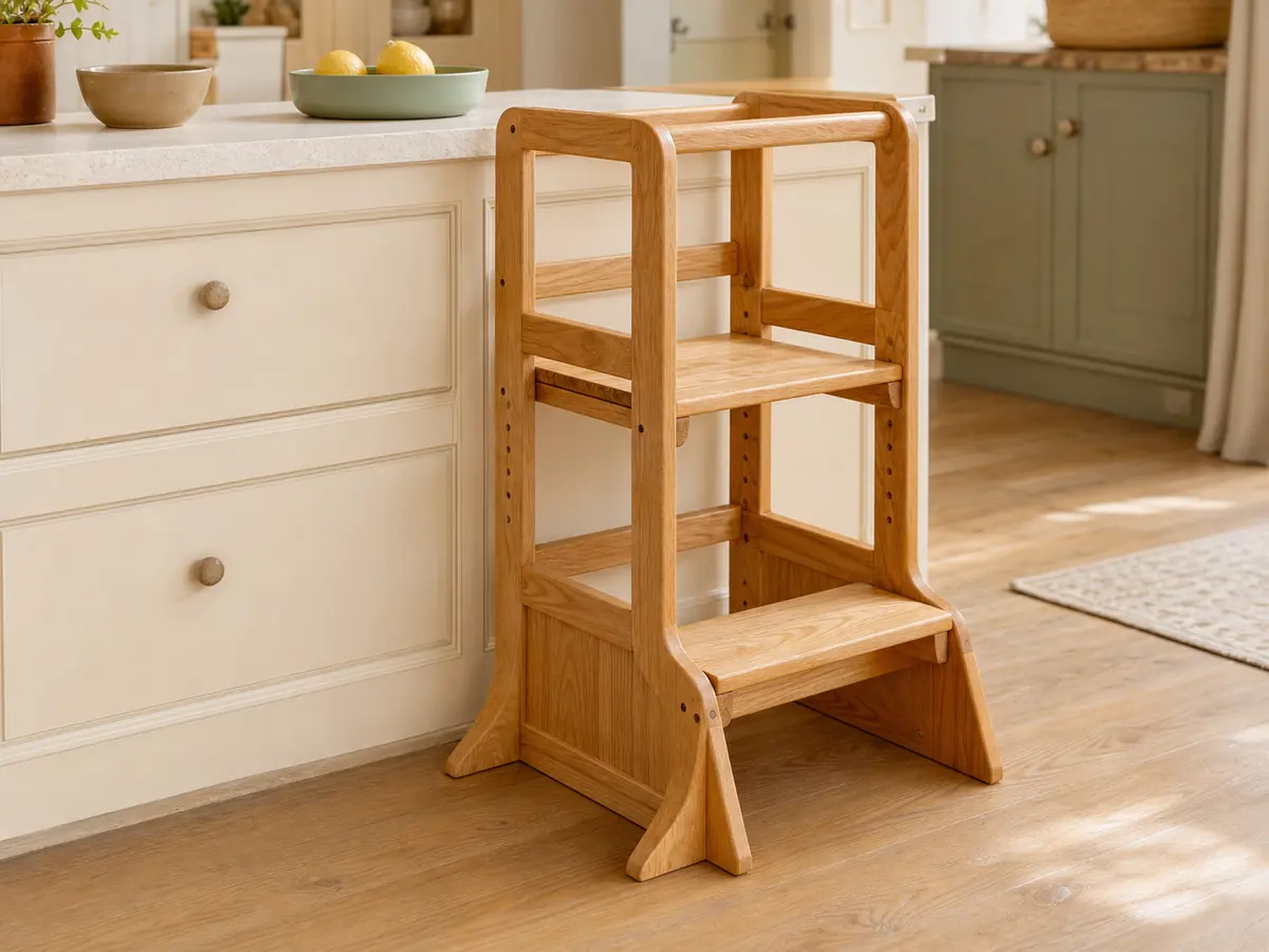 Photograph of the rounded light-wood Step-Up learning tower beside a warm kitchen counter